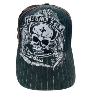Miami Ink Tattoo Hat Mens OS Black Brown Skull Pinstripe TekerFlex Cap